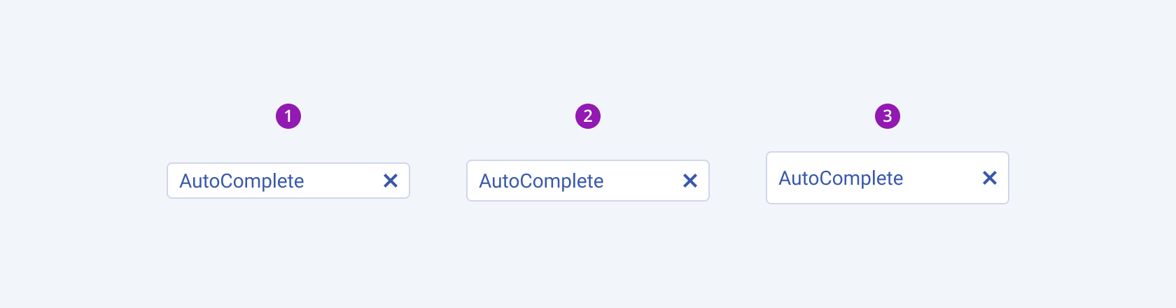 Available sizes in the Telerik and Kendo UI AutoComplete component including small, default medium, and large. Three Telerik and Kendo UI AutoComplete components demonstrating the small, default medium, and large sizes respectively.