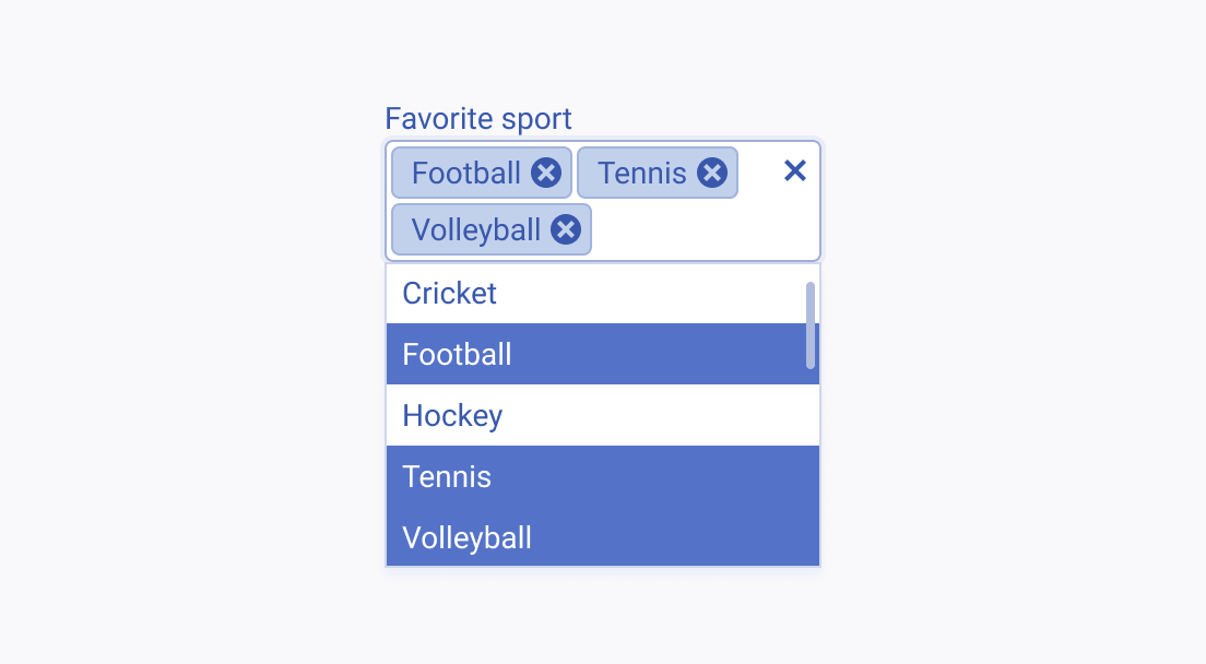 Use the Telerik and Kendo UI MultiSelect to provide multiple choices for users from a long, predefined list of options. A Telerik and Kendo UI MultiSelect with multiple selection from a long list of Favorite sport options.