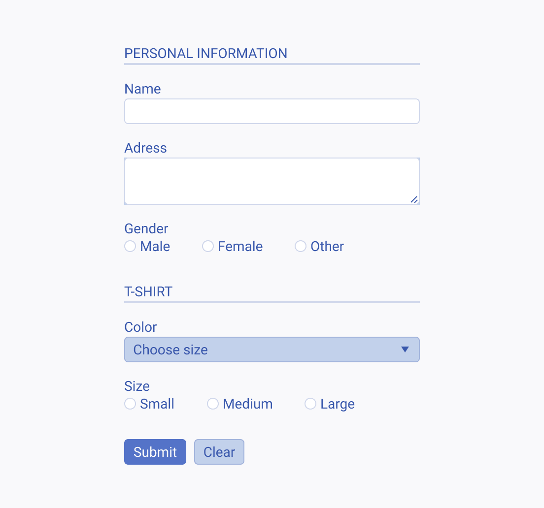 A representation of a Telerik and Kendo UI Form with grouped related fields A Telerik and Kendo UI Form with related fields that are grouped