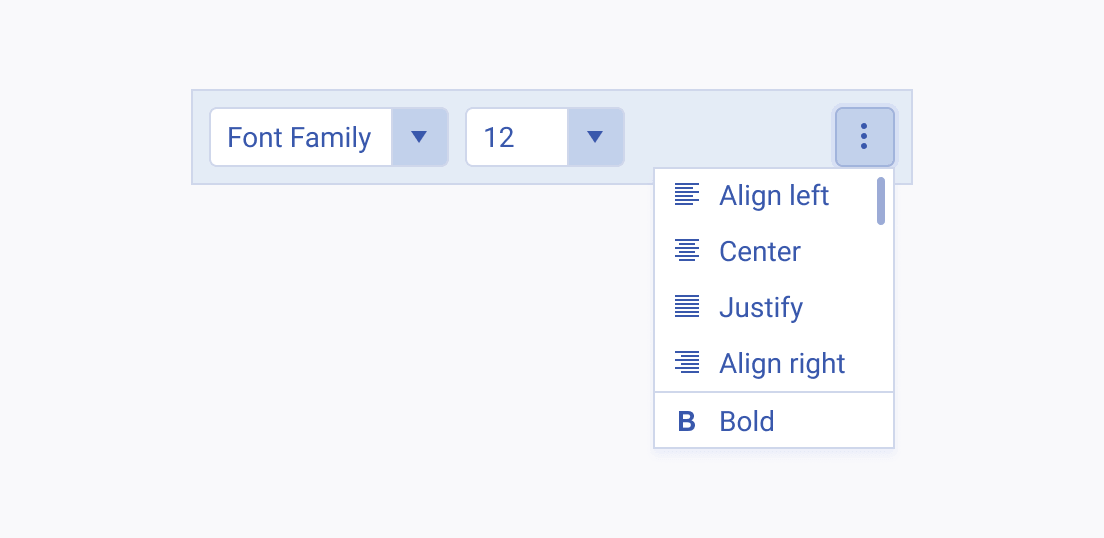 A Telerik and Kendo UI ToolBar showing an overflow popup with a long list of ToolBar items and requiring scrolling.