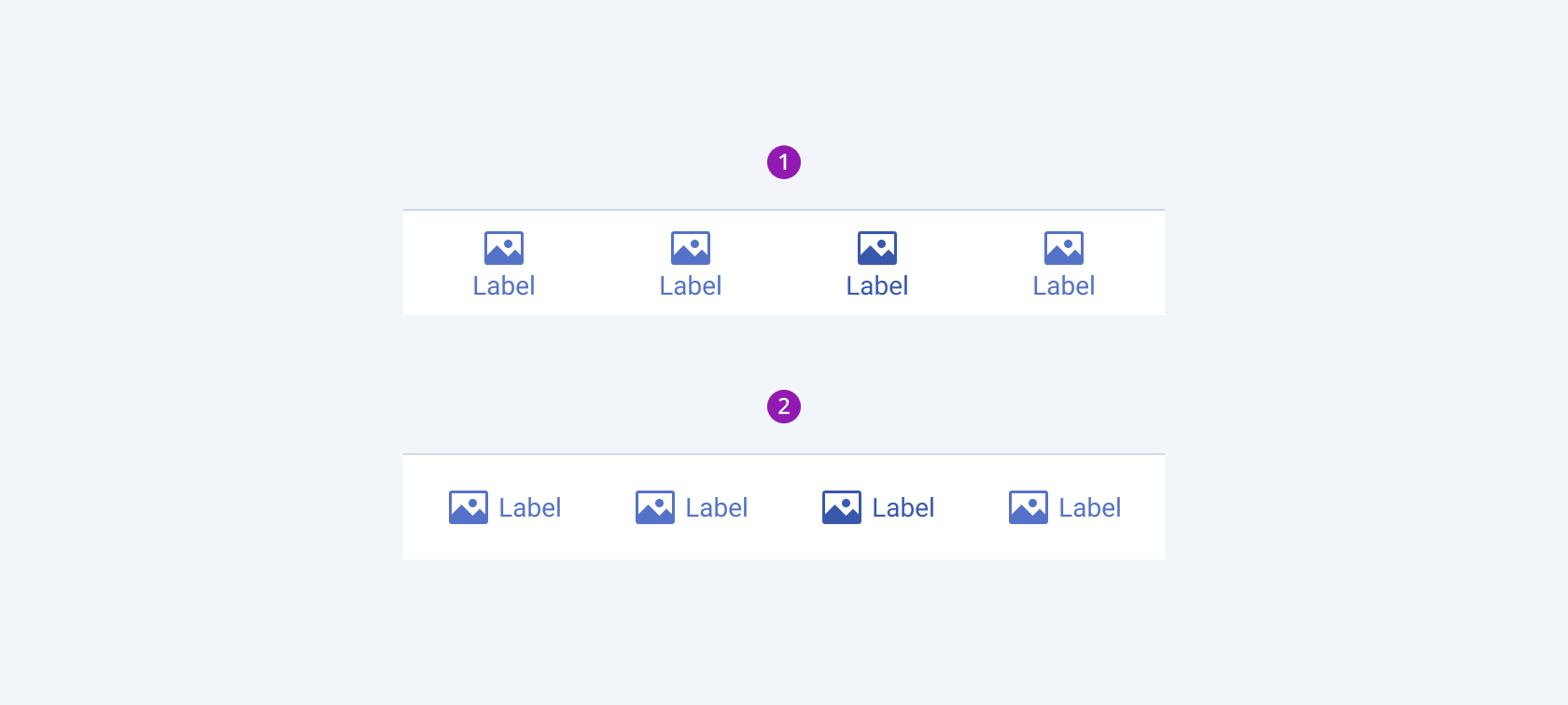 The possible icon and label positions of the Telerik and Kendo UI BottomNavigation components Two Telerik and Kendo UI BottomNavigation component representing the vertical and horizontal icon and label position