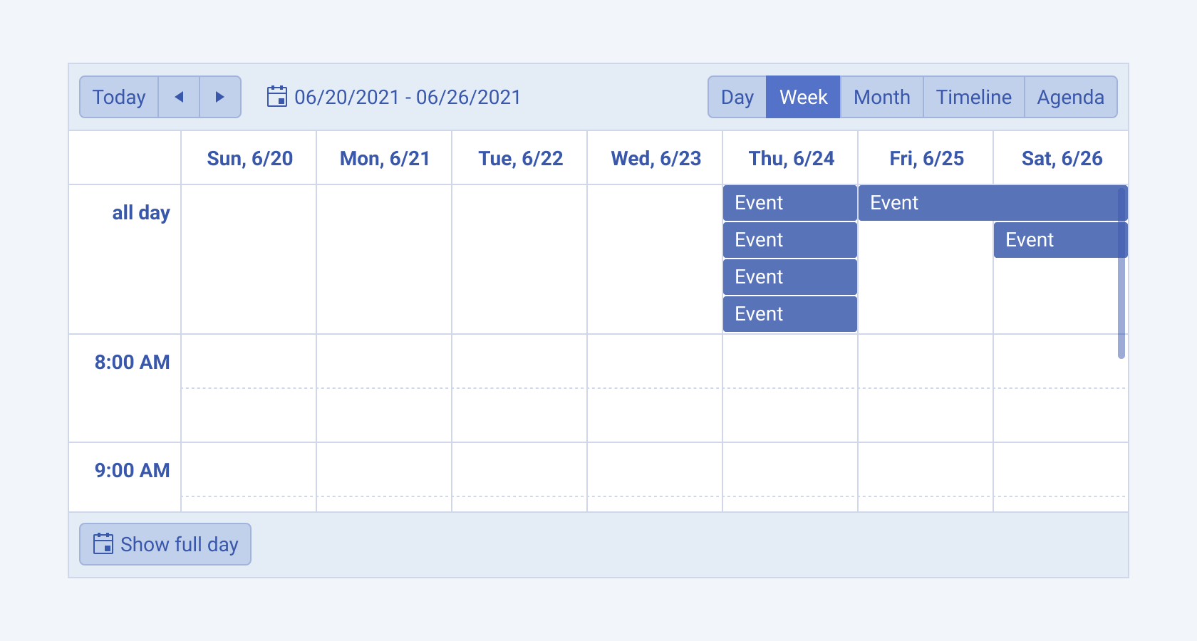 Week view of a Telerik and Kendo UI Scheduler component A Telerik and Kendo UI Scheduler component week view