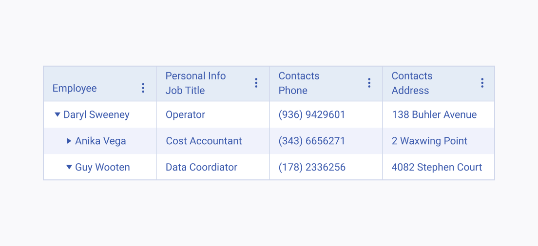 Don't mock multicolumn headers by using additional lines in the Telerik and Kendo UI TreeList column headers. A Telerik and Kendo UI TreeList incorrectly mocking multicolumn headers by using additional lines of text