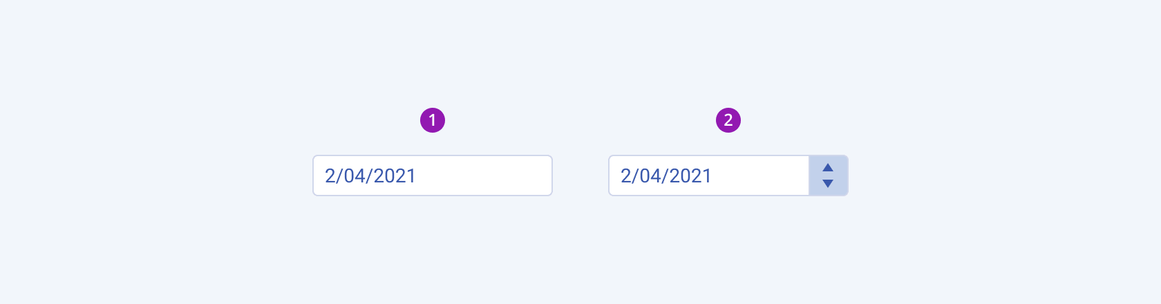 Two variants of the Telerik and Kendo UI DateInput component showing its default rendering and the rendering with spin buttons respectively