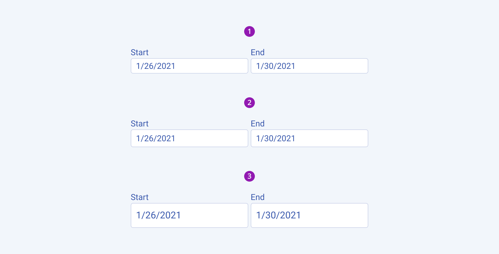 Available sizes in the Telerik and Kendo UI DateRangePicker component including small, default medium, and large. Three Telerik and Kendo UI DateRangePicker components demonstrating the small, default medium, and large sizes, respectively.