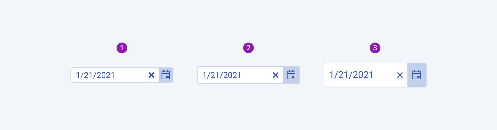Available sizes in the Telerik and Kendo UI DatePicker component including small, default medium, and large. Three Telerik and Kendo UI DatePicker components demonstrating the small, default medium, and large sizes, respectively.