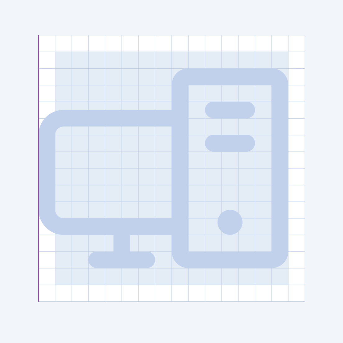 An aligned icon positioned to the bottom left corner of the live canvas area in the Telerik and Kendo UI components icon system.