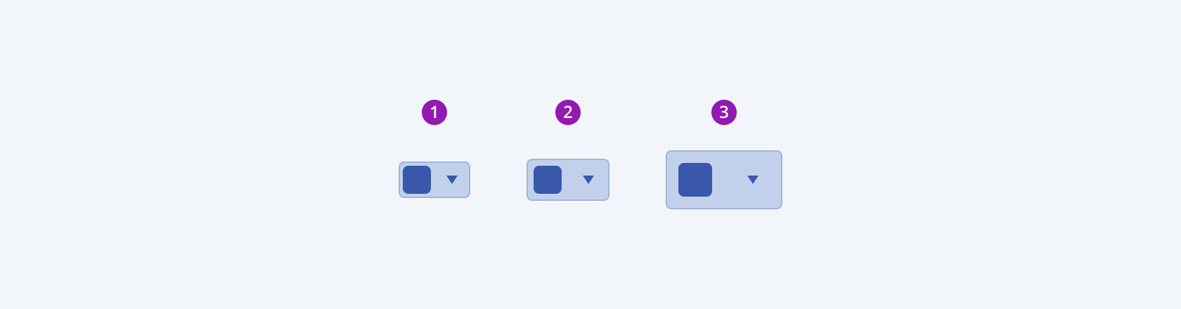 Available sizes in the Telerik and Kendo UI ColorPicker component including small, default medium, and large. Three Telerik and Kendo UI ColorPicker components demonstrating the small, default medium, and large sizes respectively.
