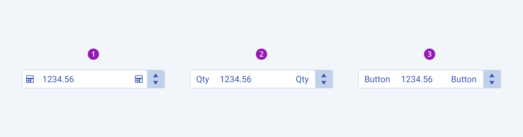 A Telerik and Kendo UI NumericTextBox component with different types of prefix and suffix content.
