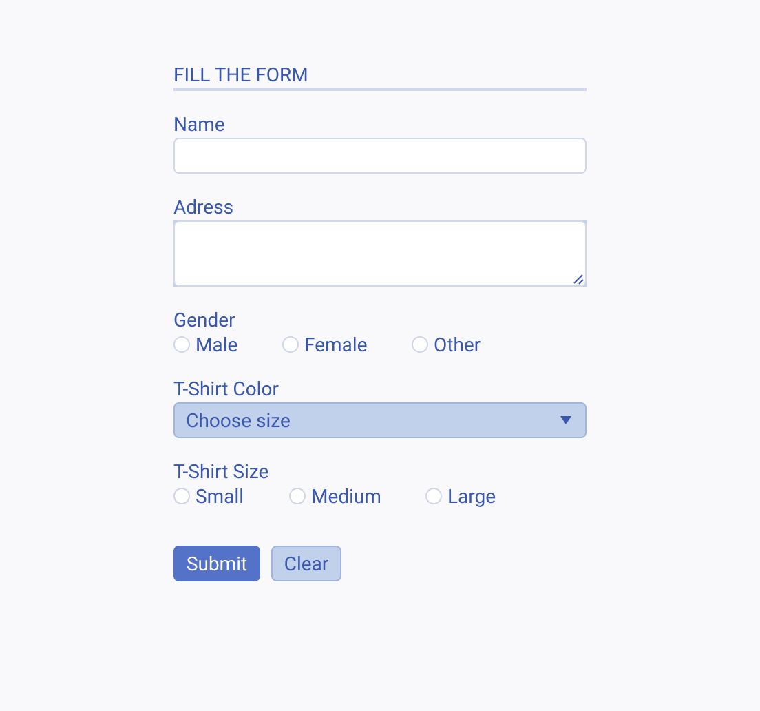 A representation of a Telerik and Kendo UI Form with multiple form fields with different context A Telerik and Kendo UI Form with multiple form fields with different context