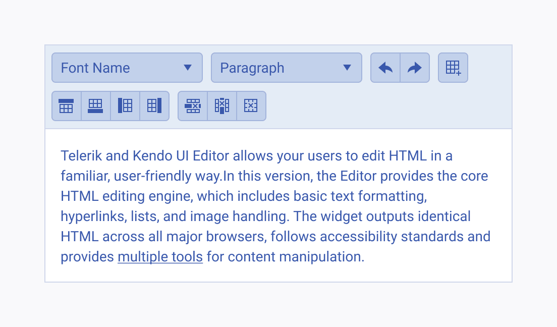 Use a logical order for the tools in the Telerik and Kendo UI Editor. A Telerik and Kendo UI Editor with logically organized tools