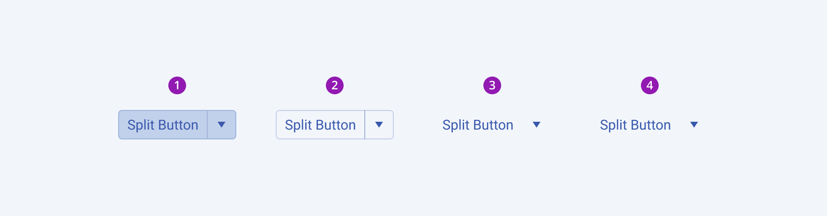 Available fill modes in the Telerik and Kendo UI SplitButton component including default solid, outline, flat, and link. Four Telerik and Kendo UI SplitButton components demonstrating the default solid, outline, flat, and link fill modes respectively.