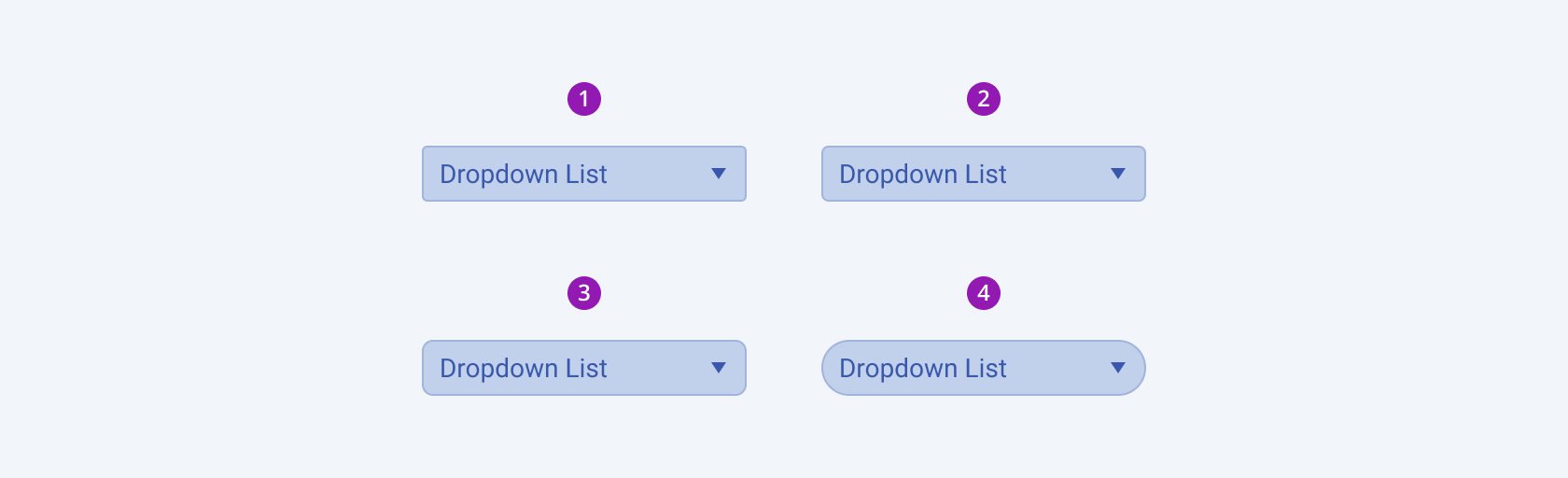 Four Telerik and Kendo UI DropDownList components demonstrating the small, default medium, large, and full fill modes respectively.