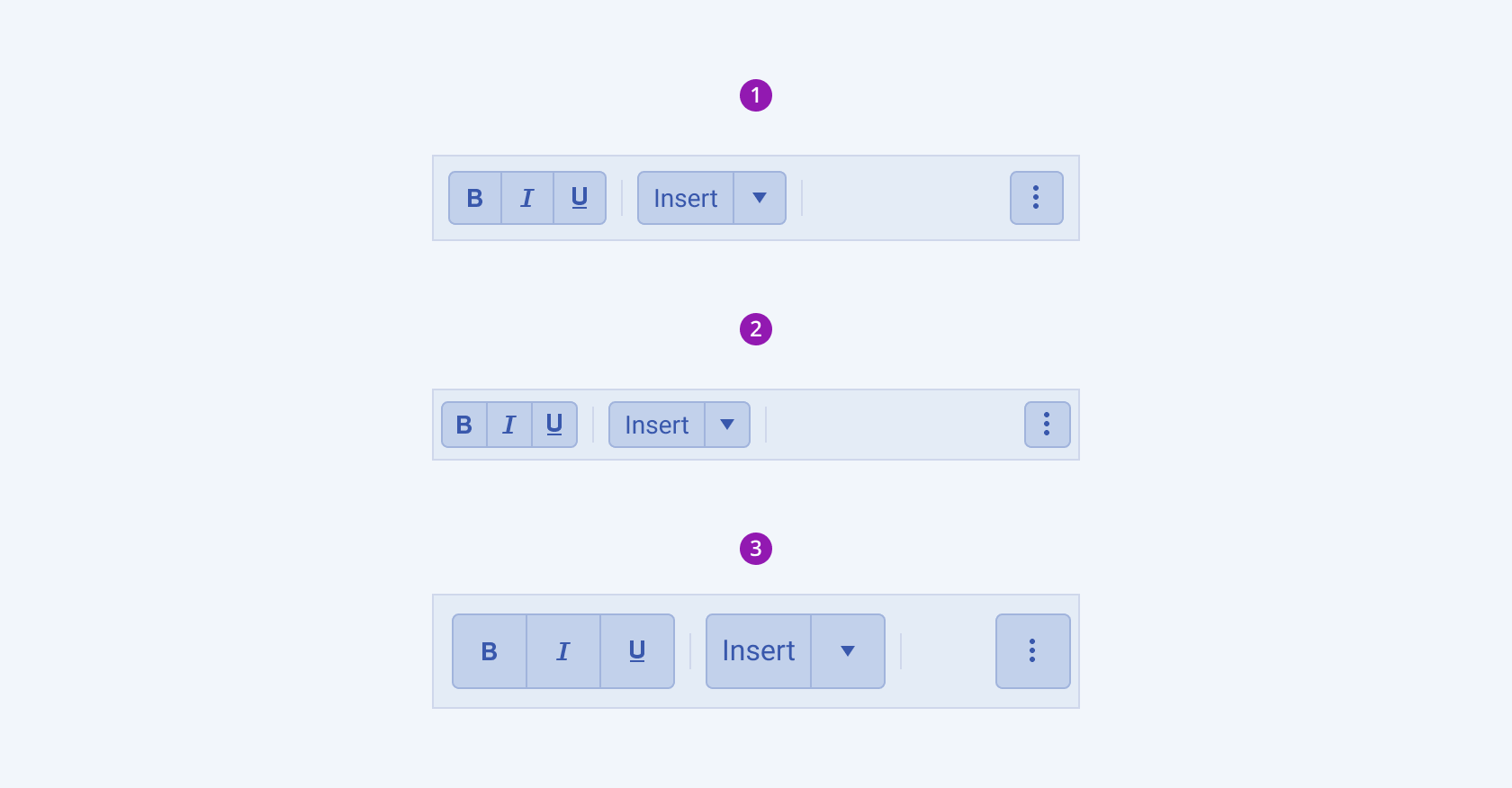 Available sizes in the Telerik and Kendo UI ToolBar component including small, default medium, and large. Three Telerik and Kendo UI ToolBar components demonstrating the small, medium, and large sizes respectively.