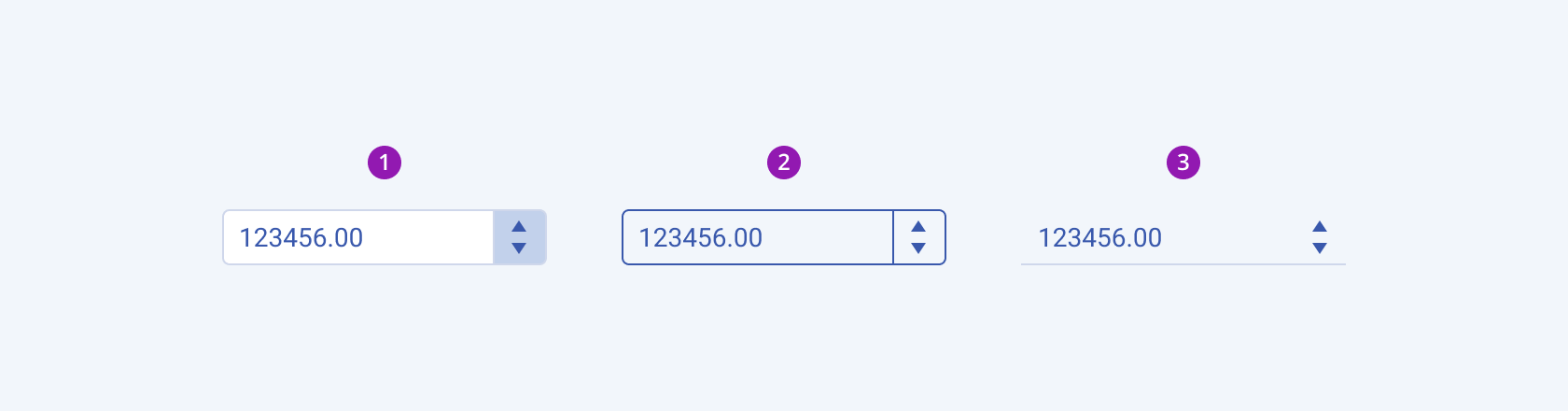 Three Telerik and Kendo UI NumericTextBox components demonstrating the default solid, outline, and flat fill modes respectively.