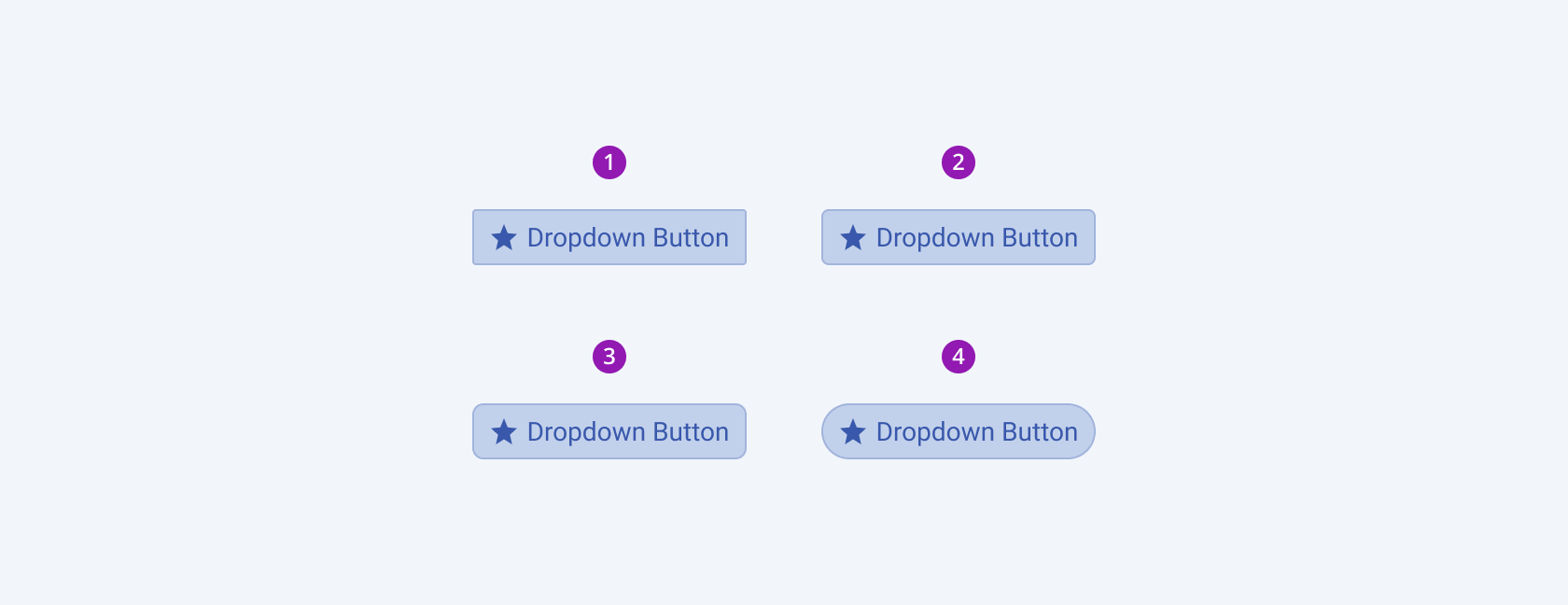 Available border radiuses in the Telerik and Kendo UI DropDownButton component including small, default medium, large, and full. Four Telerik and Kendo UI DropDownButton components demonstrating the small, medium, large, and full border radiuses respectively.