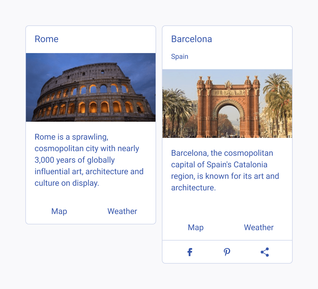 Two Telerik and Kendo UI Cards within a group, each displaying different composite modules