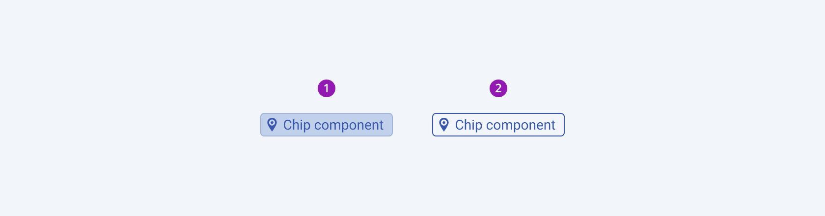 Available fill modes in the Telerik and Kendo UI Chip component including default solid and outline. Two Telerik and Kendo UI Chip components demonstrating the default solid and outline fill modes respectively.