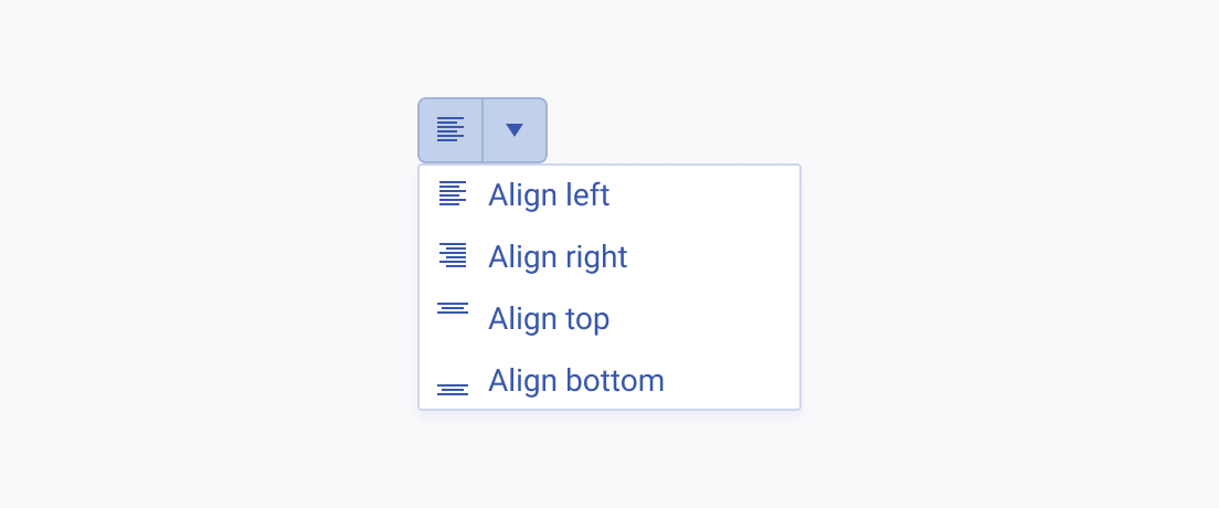 Use icons for the label of the Telerik and Kendo UI SplitButton and icons and explanatory text for the list items within its drop-down menu. A Telerik and Kendo UI SplitButton with an icon-only label and a drop-down menu of options each displayed with an icon and its corresponding text.