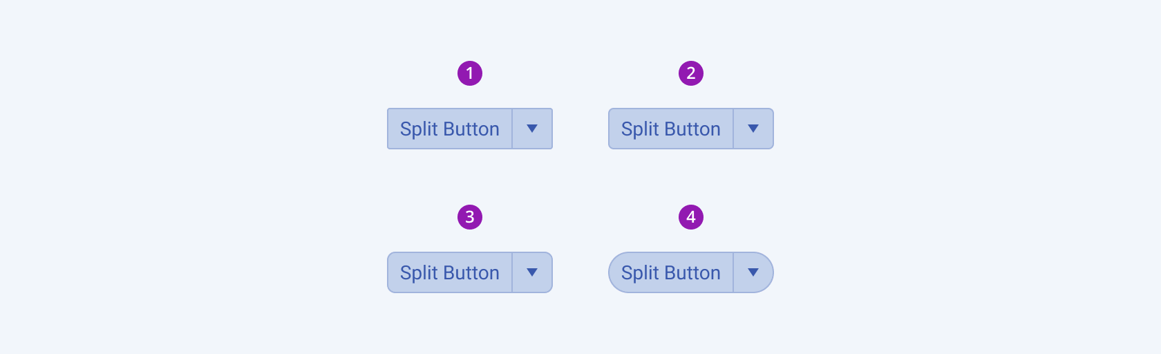 Available border radiuses in the Telerik and Kendo UI SplitButton component including small, default medium, large, and full. Four Telerik and Kendo UI SplitButton components demonstrating the small, default medium, large, and full fill border radiuses respectively.
