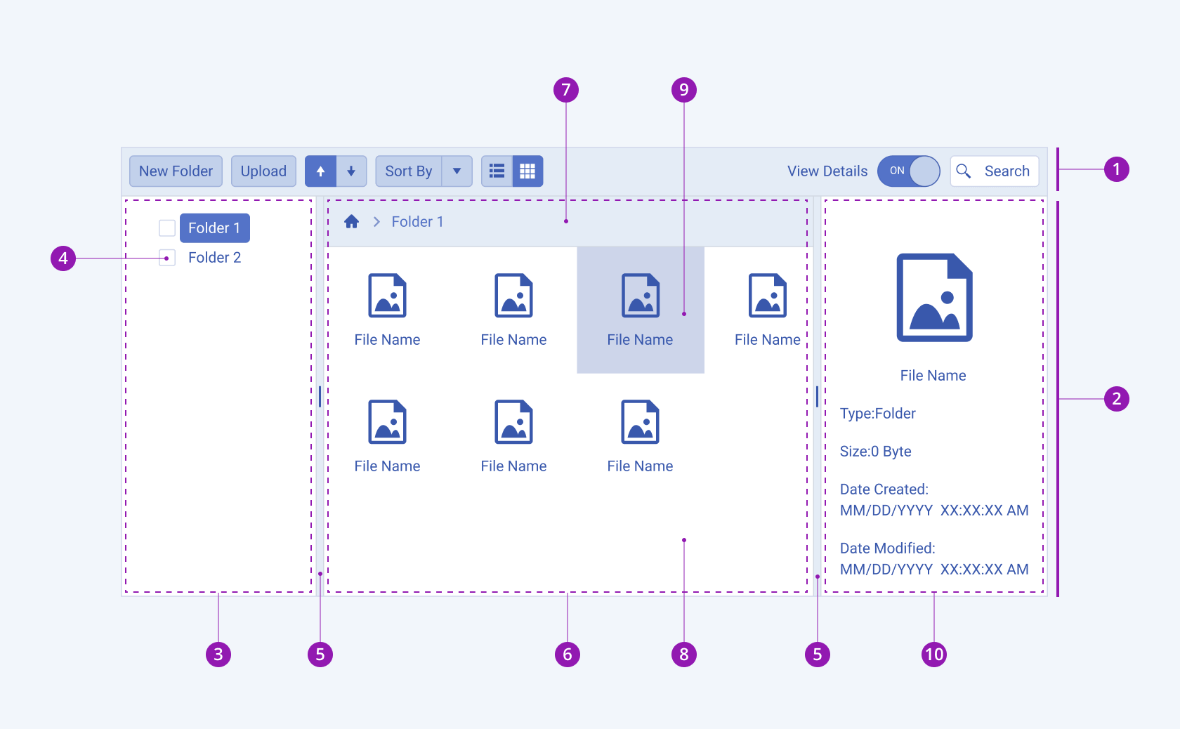 Anatomy and elements of a Telerik and Kendo UI FileManager component A Telerik and Kendo UI FileManager component