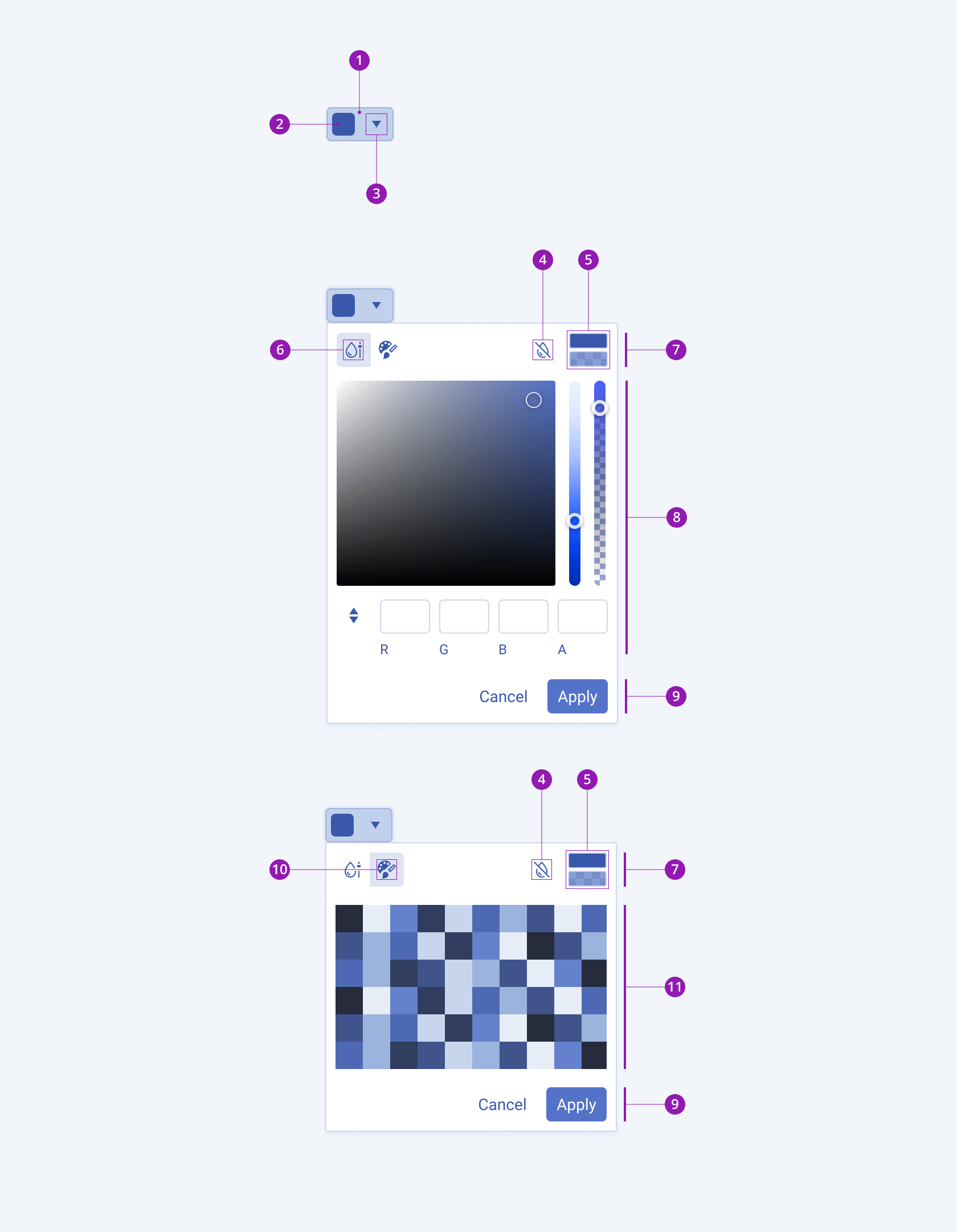 Anatomy and elements of a Telerik and Kendo UI ColorPicker component with the ComboBox, ColorGradient icon, ColorPalette Icon, Reset Color Icon, Selected Color Preview, Previous Color Preview, Canvas, Color Controls, Color Formats, and Action Button elements A Telerik and Kendo UI ColorPicker component with the ComboBox, ColorGradient icon, ColorPalette Icon, Reset Color Icon, Selected Color Preview, Previous Color Preview, Canvas, Color Controls, Color Formats, and Action Button elements