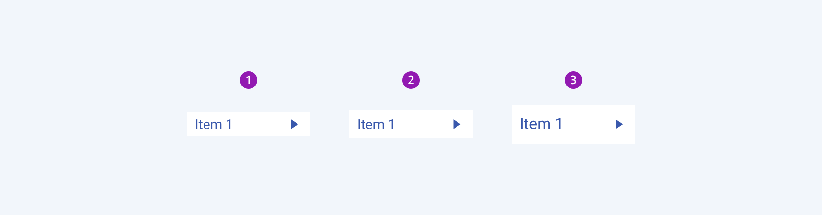 Available sizes of the submenu items in the Telerik and Kendo UI ContextMenu component including small, default medium, and large. Three Telerik and Kendo UI ContextMenu components demonstrating the small, default medium, and large sizes of the submenu items
