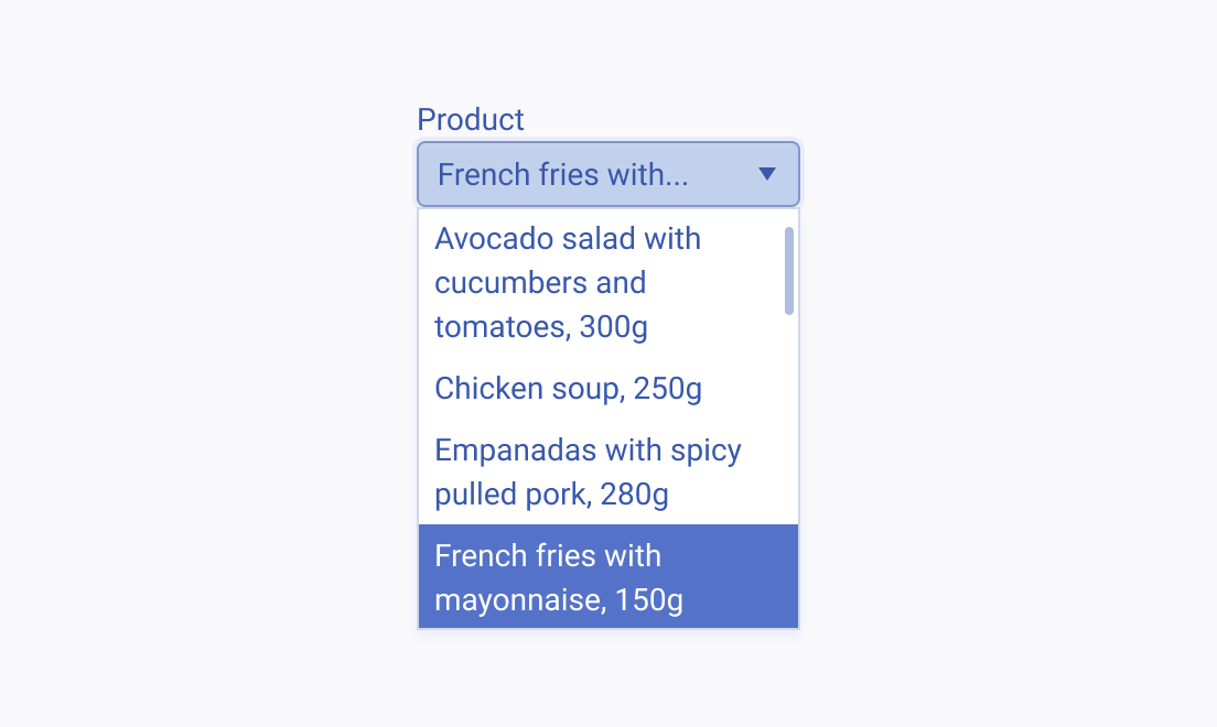 A Telerik and Kendo UI DropDownList rendering long and wordy option descriptions spanning more than a single row.