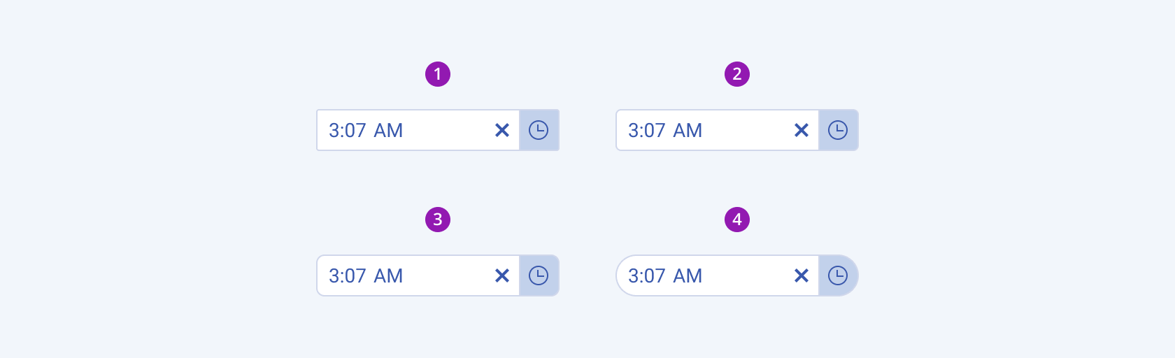 Available border radiuses in the Telerik and Kendo UI TimePicker component including small, default medium, large, and full. Four Telerik and Kendo UI TimePicker components demonstrating the small, default medium, large, and full fill modes respectively.
