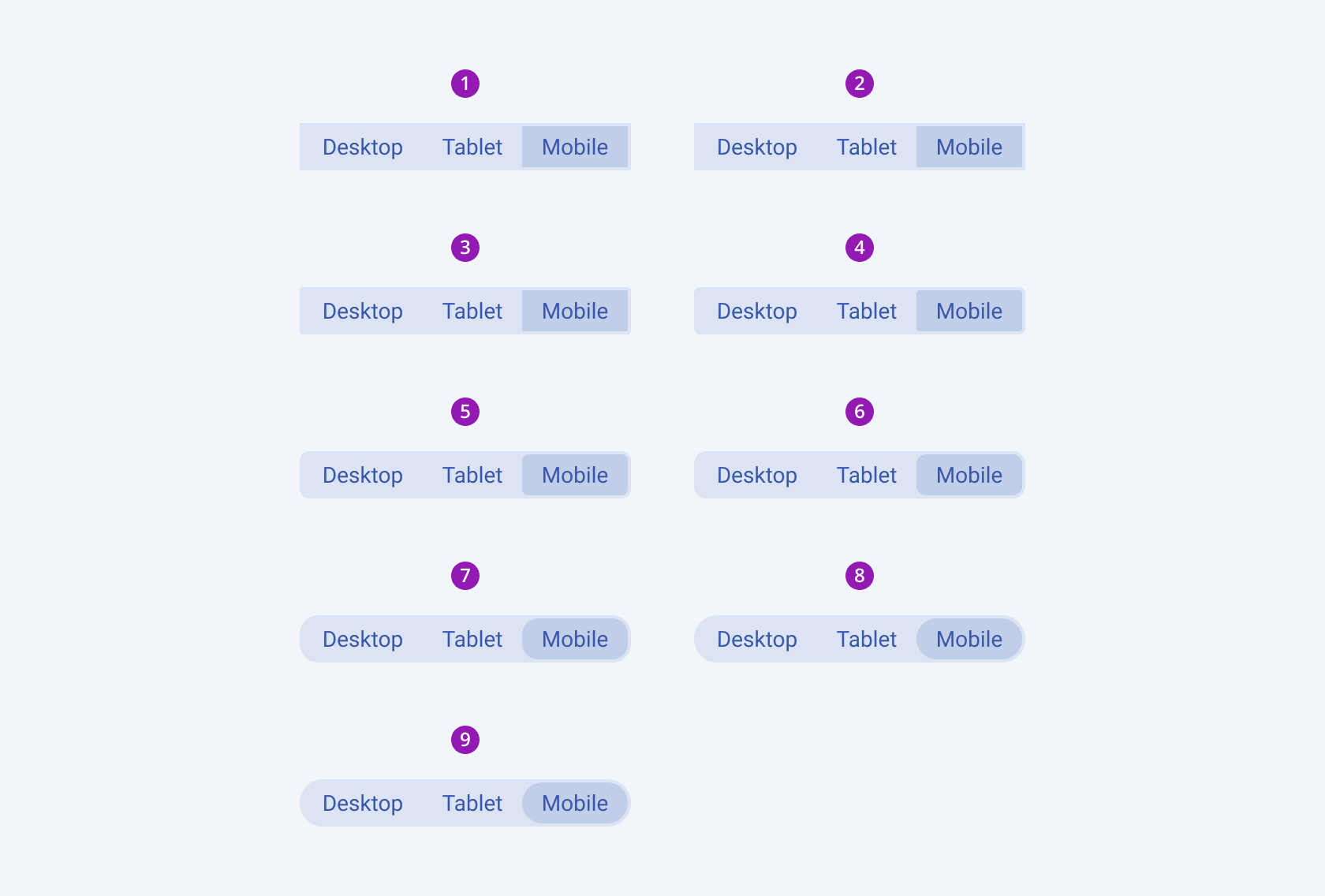 Nine Telerik and Kendo UI SegmentedControl components demonstrating each border radiuses respectively.