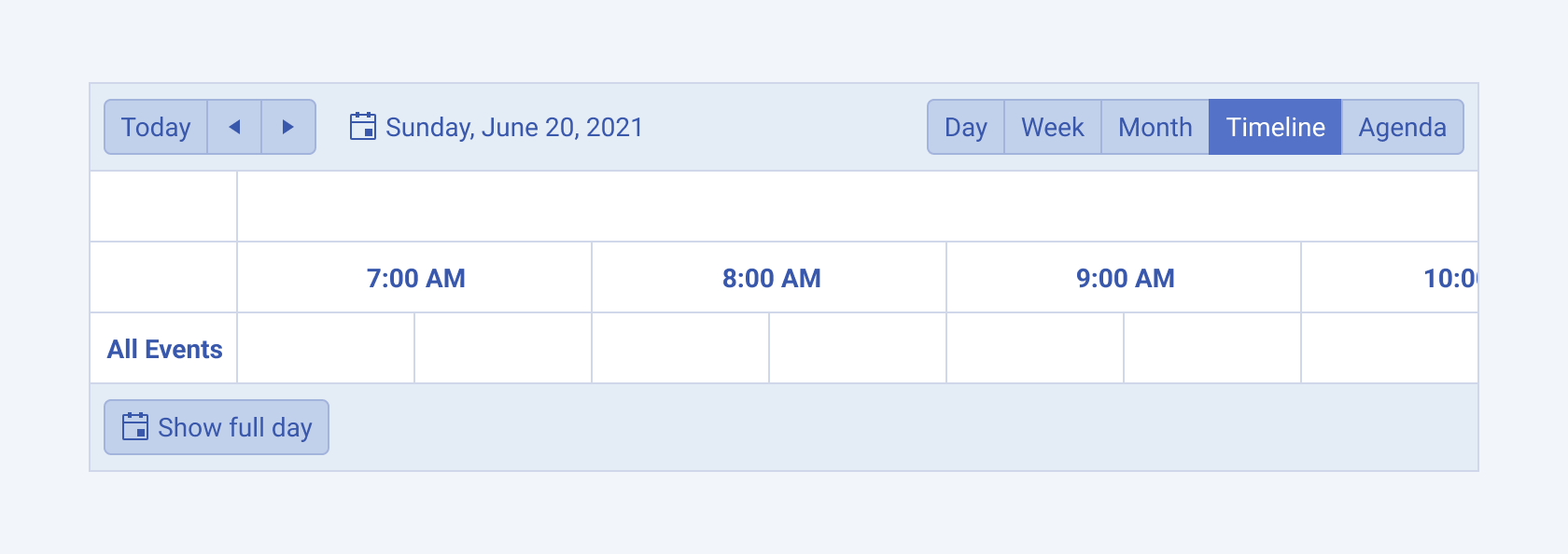 Timeline view of a Telerik and Kendo UI Scheduler component A Telerik and Kendo UI Scheduler component Timeline view