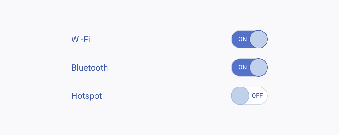 Render the Telerik and Kendo UI Switch when you want to represent options that are not mutually exclusive. Three Telerik and Kendo UI Switches representing three non-mutually exclusive options.