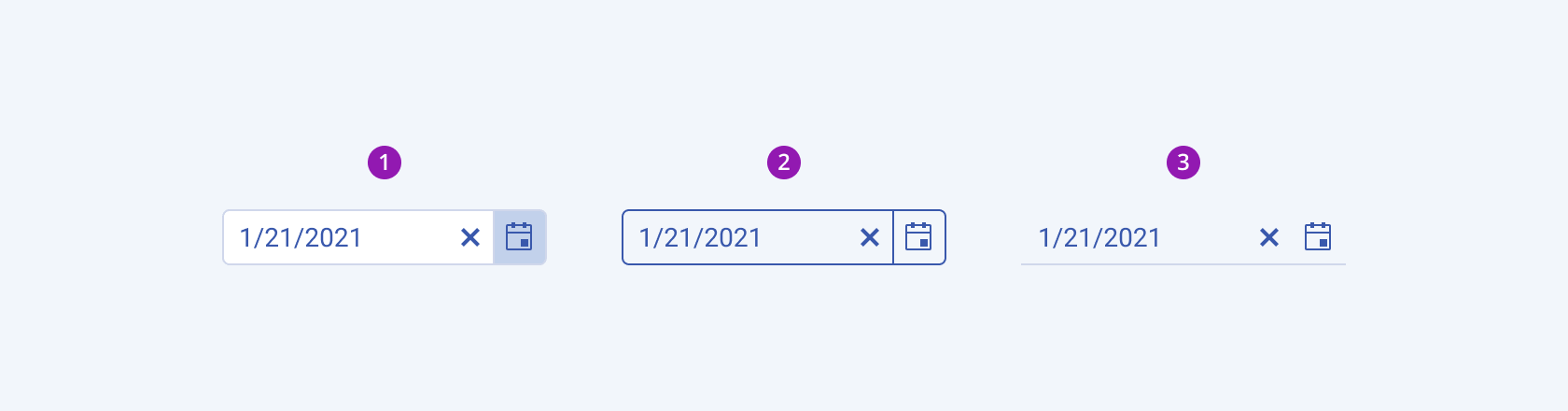 Available fill modes in the Telerik and Kendo UI DatePicker component including default solid, outline, and flat. Three Telerik and Kendo UI DatePicker components demonstrating the default solid, outline, and flat fill modes, respectively.