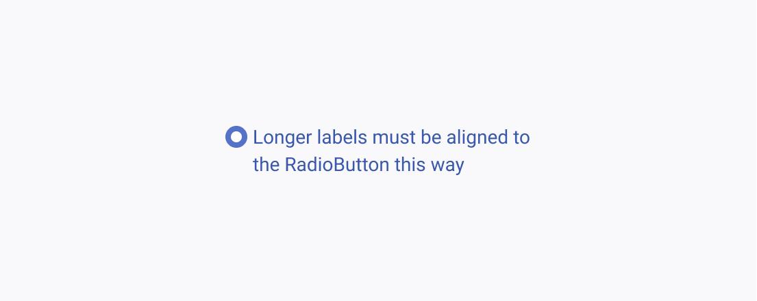 Align the Telerik and Kendo UI RadioButton after you consider the row height of its label. A Telerik and Kendo UI RadioButton aligned to the upper-center relative to the height of the label row that spans three lines.