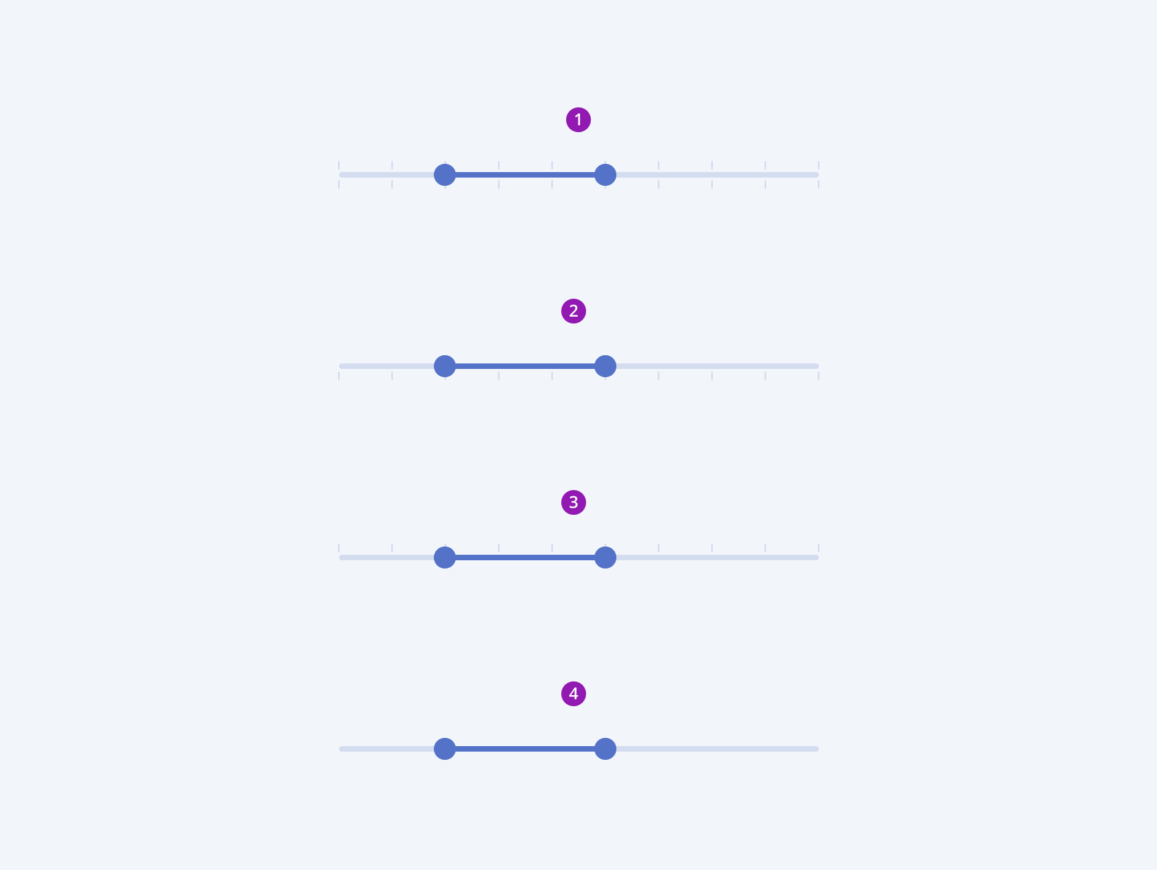 The Ticks placement of the Telerik and Kendo UI RangeSlider The Telerik and Kendo UI RangeSlider component demonstrating the track ticks placement and appearance - top and bottom, bottom only, top only, none