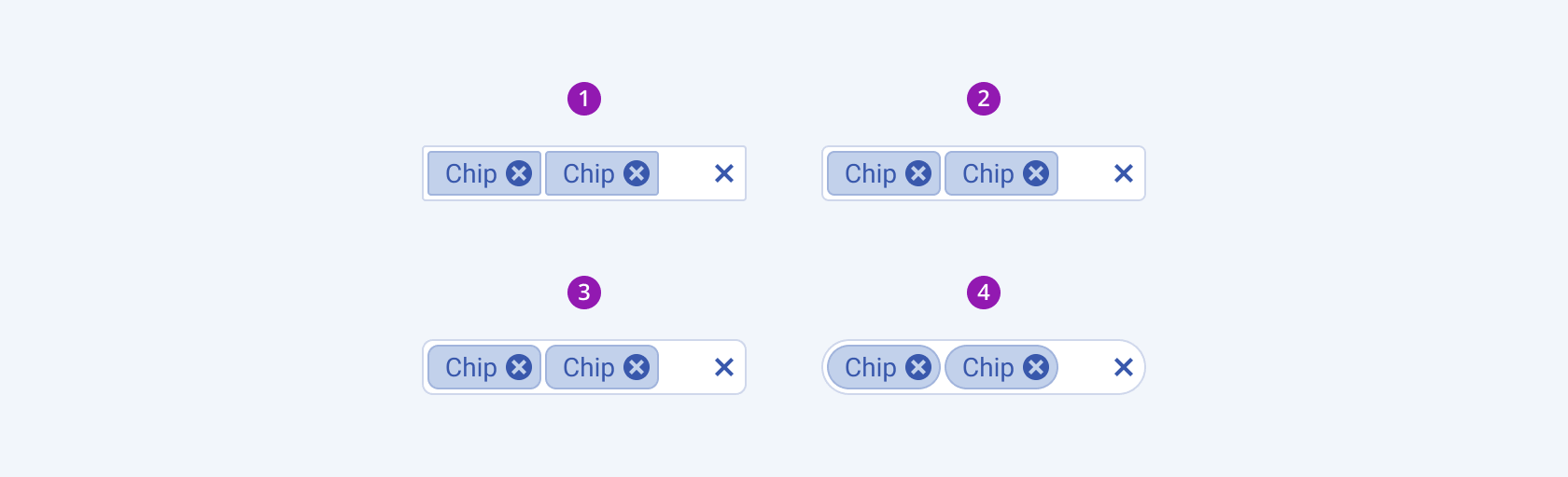 Available border radiuses in the Telerik and Kendo UI MultiSelect component including small, default medium, large, and full. Four Telerik and Kendo UI MultiSelect components demonstrating the small, default medium, large, and full fill modes respectively.