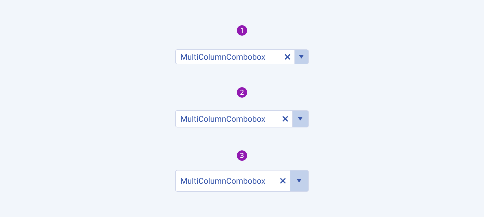 Available sizes in the Telerik and Kendo UI MultiColumnComboBox component including small, default medium, and large. Three Telerik and Kendo UI MultiColumnComboBox components demonstrating the small, medium, and large sizes respectively.