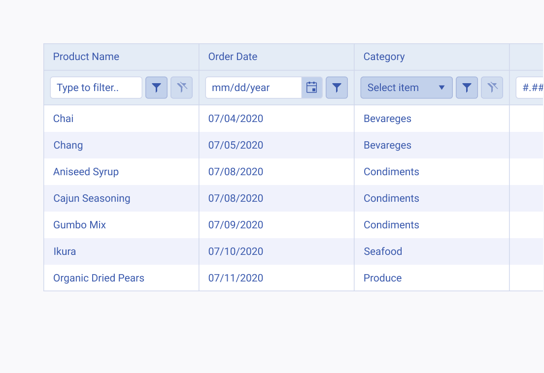 Expose the filter row in your Telerik and Kendo UI Grid to provide quick access to filtering options. A Telerik and Kendo UI Grid with a filter row for rapid filtering.