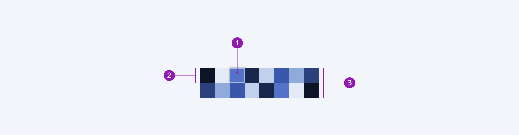 Anatomy and elements of the Telerik and Kendo UI ColorPalette component with the tile elements. A Telerik and Kendo UI ColorPalette component with the tile elements