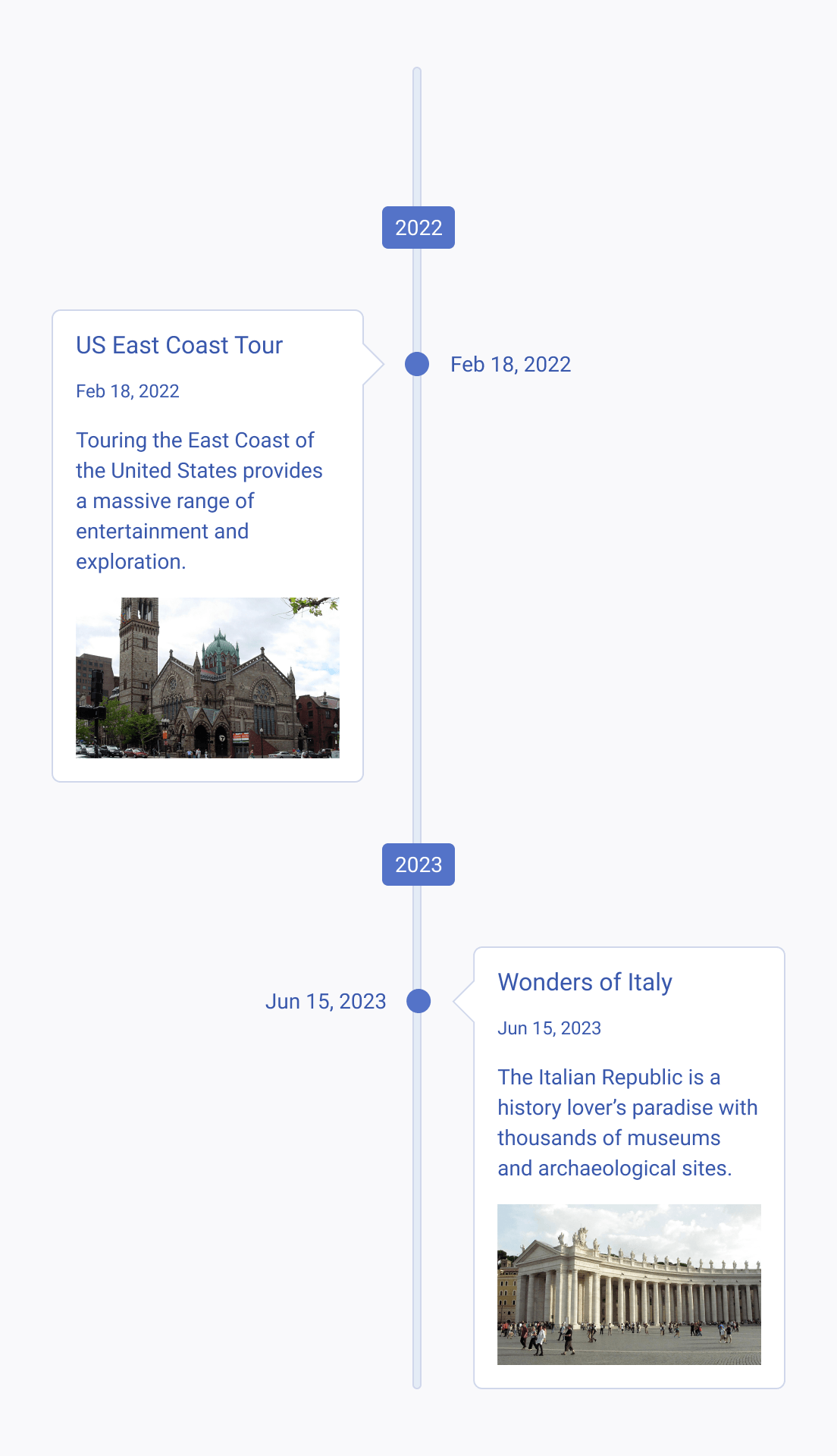 A Telerik and Kendo UI Timeline showing fixed-size Cards.