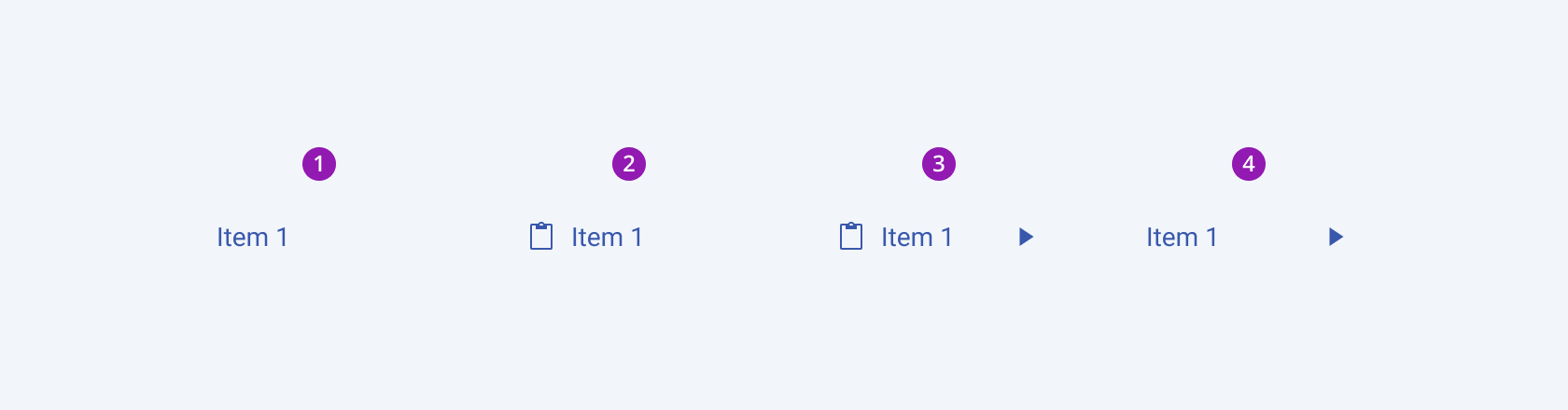 The four possible variants of the Telerik and Kendo UI ContextMenu component A Telerik and Kendo UI ContextMenu component and its possible variants including label only submenu item, submenu item with icon before, submenu item with icon before and expand icon, and submenu with expand icon.