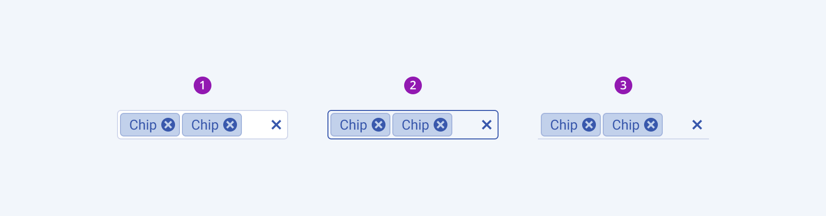 Available fill modes in the Telerik and Kendo UI MultiSelectTree component including default solid, outline, and flat. Three Telerik and Kendo UI MultiSelectTree components demonstrating the default solid, outline, and flat fill modes respectively.