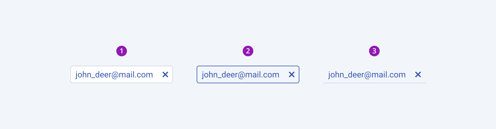 Three Telerik and Kendo UI MaskedTextBox components demonstrating the default solid, outline, and flat fill modes respectively.