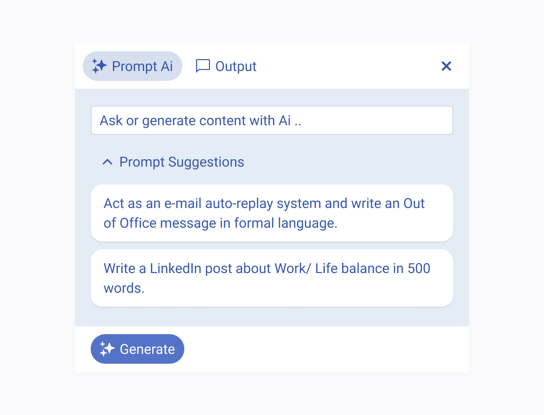 Use short, descriptive, and clear sentences inside the text area of the Telerik and Kendo UI AIPrompt Component. A Telerik and Kendo UI AIPrompt component providing a well-tailored prompt.
