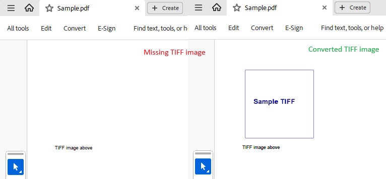 Side-by-side PDF viewer comparison showing a missing TIFF image on the left and a successfully rendered TIFF image on the right after applying the custom image resolver.