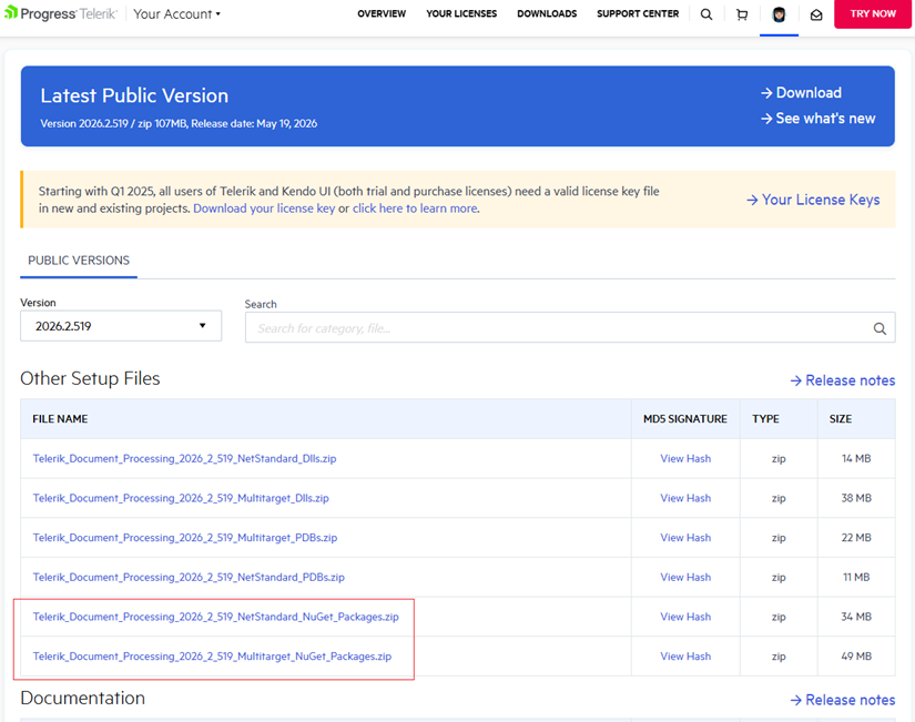 Download Telerik Document Processing NuGet packages from your Telerik account