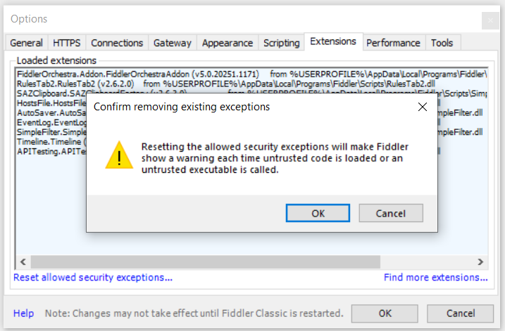Reset security dialogs in Fiddler Classic