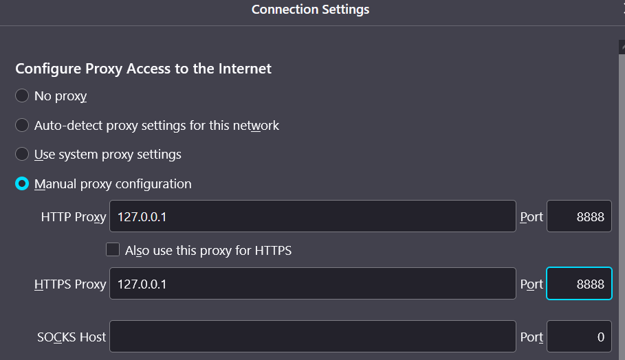 Setting Fiddler proxy explicitly through the manual proxy configuration