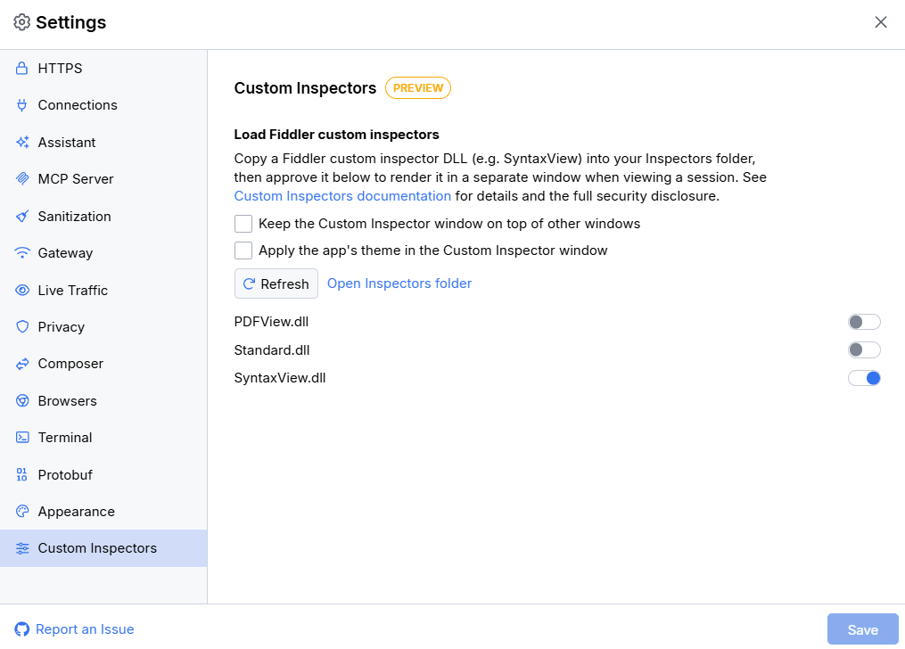 Custom Inspectors settings in Fiddler Everywhere