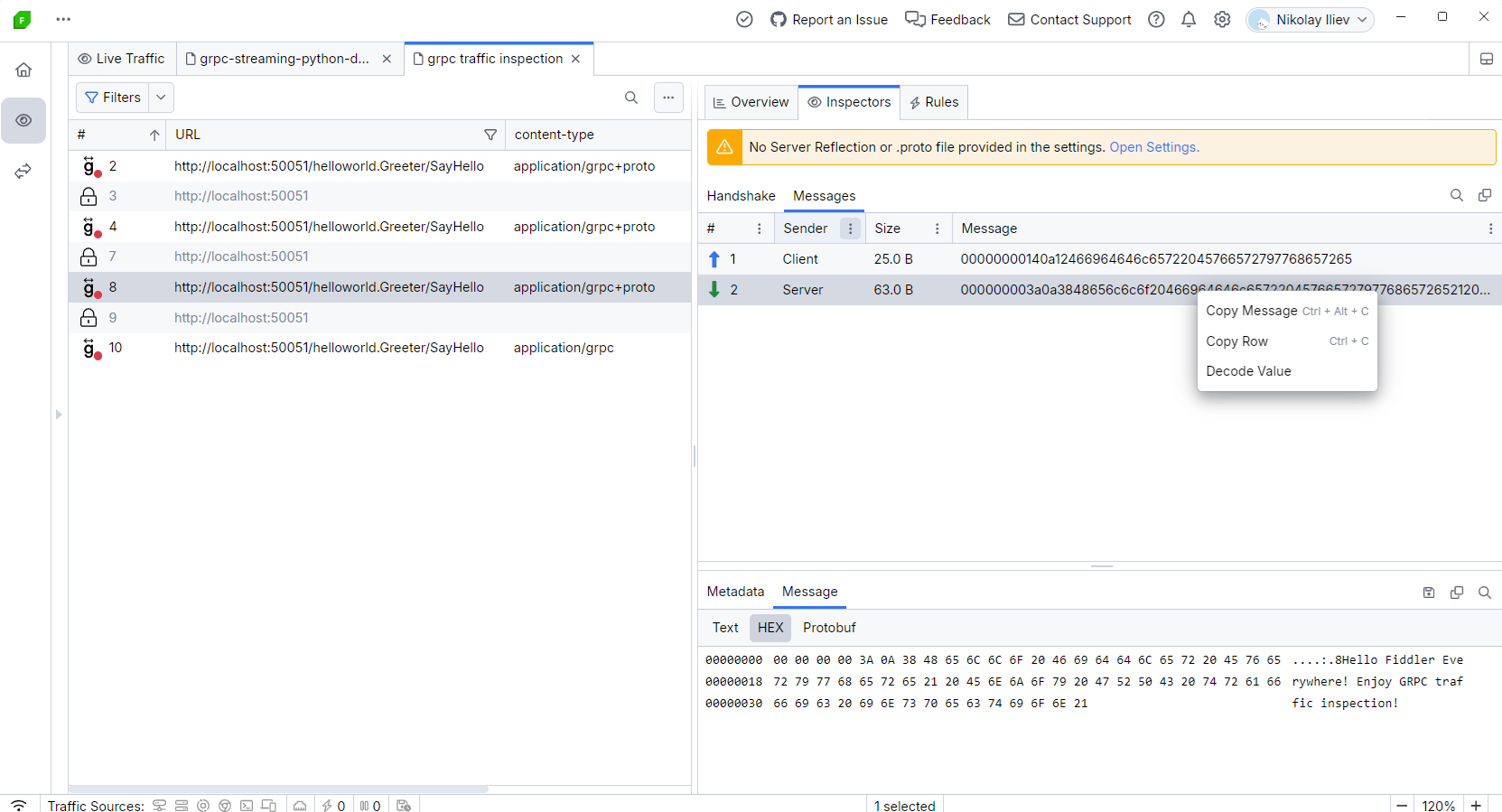 gRPC traffic and related Fiddler's inspectors